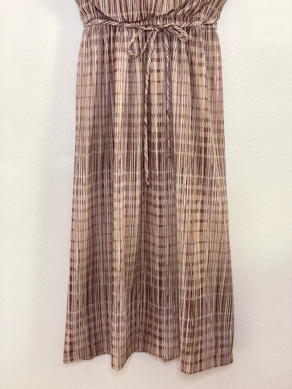 Vintage 70s Sue Brett Neutral Stripe Midi Dress Bateau Neck Cap Sleeve 7/8 Small - Picture 8 of 15